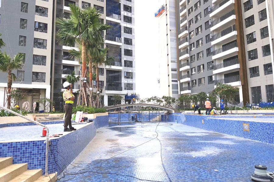 Tiling work at swimming pool